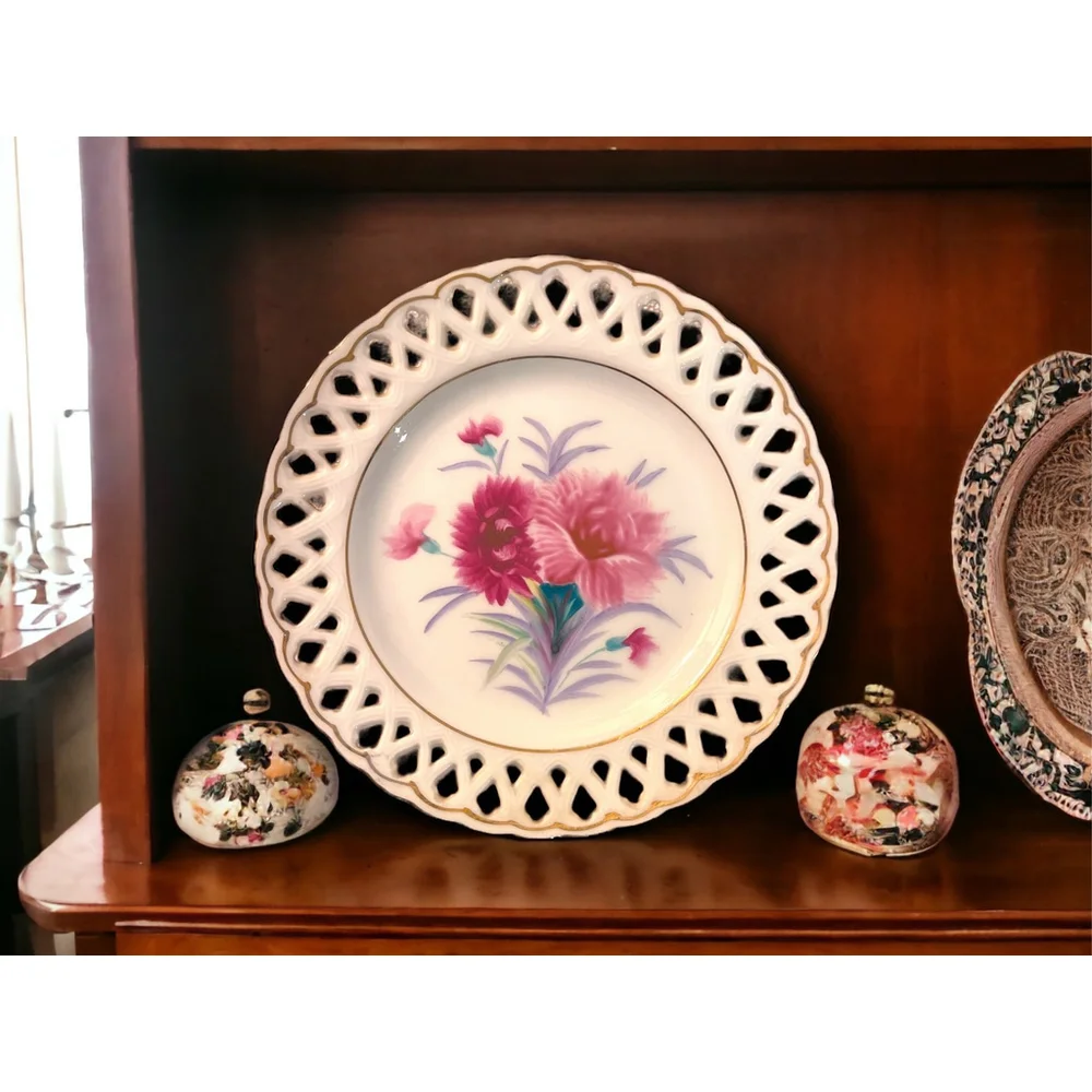 40s Collectible Dish from Japan 1940s Gold Edged Pink Flowers Lattice Edged